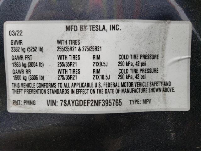 Photo 11 VIN: 7SAYGDEF2NF395765 - TESLA MODEL Y 