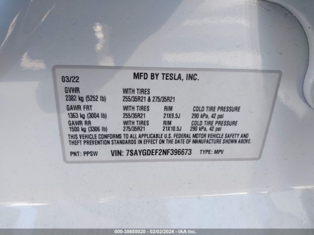 Photo 8 VIN: 7SAYGDEF2NF396673 - TESLA MODEL Y 