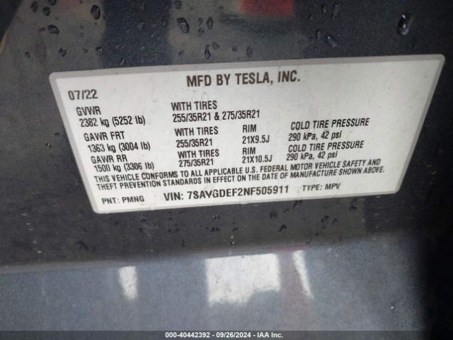 Photo 8 VIN: 7SAYGDEF2NF505911 - TESLA MODEL Y 