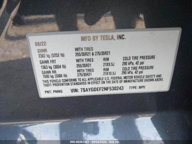 Photo 8 VIN: 7SAYGDEF2NF530243 - TESLA MODEL Y 