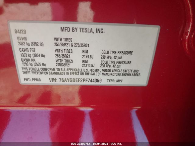 Photo 8 VIN: 7SAYGDEF2PF744359 - TESLA MODEL Y 