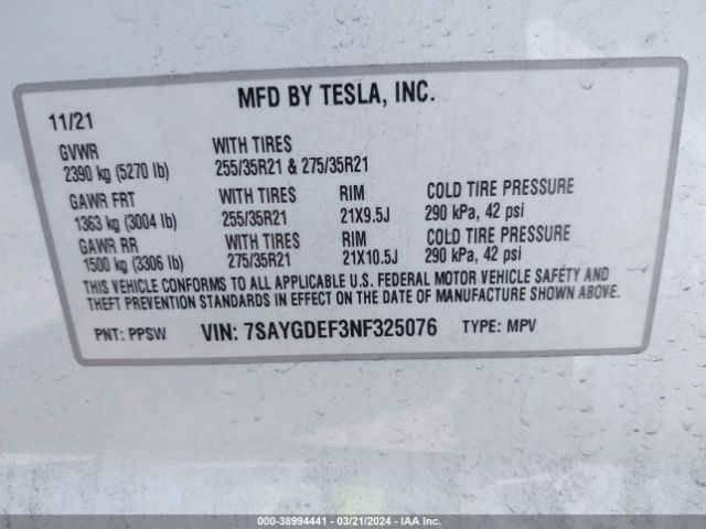 Photo 8 VIN: 7SAYGDEF3NF325076 - TESLA MODEL Y 