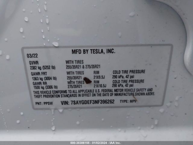 Photo 8 VIN: 7SAYGDEF3NF396262 - TESLA MODEL Y 