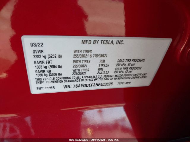 Photo 8 VIN: 7SAYGDEF3NF403825 - TESLA MODEL Y 