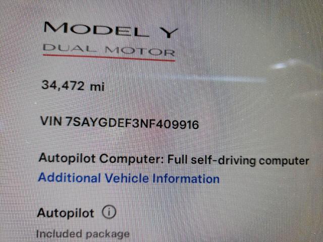 Photo 8 VIN: 7SAYGDEF3NF409916 - TESLA MODEL Y 