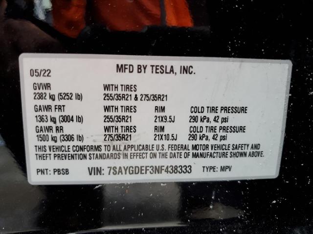 Photo 11 VIN: 7SAYGDEF3NF438333 - TESLA MODEL Y 