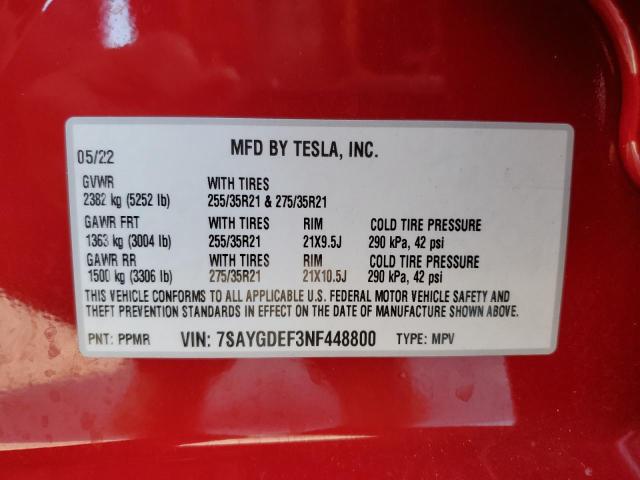 Photo 9 VIN: 7SAYGDEF3NF448800 - TESLA MODEL Y 