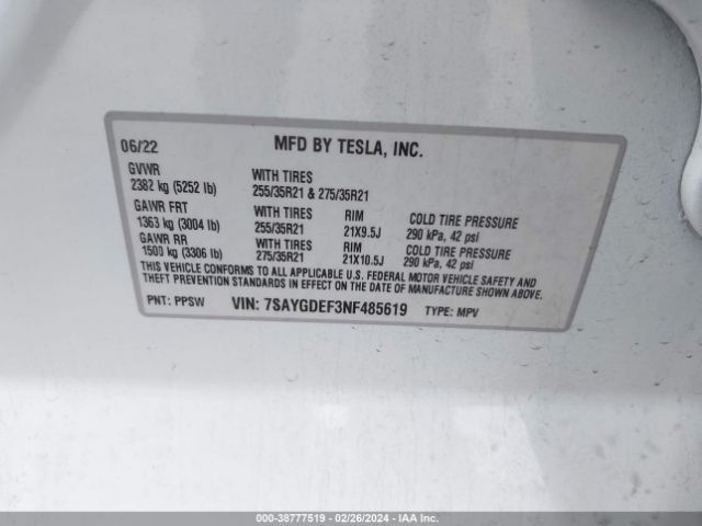 Photo 8 VIN: 7SAYGDEF3NF485619 - TESLA MODEL Y 