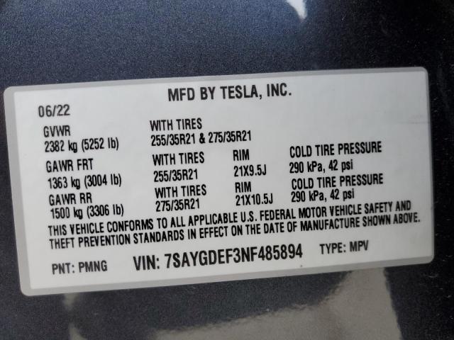 Photo 12 VIN: 7SAYGDEF3NF485894 - TESLA MODEL Y 