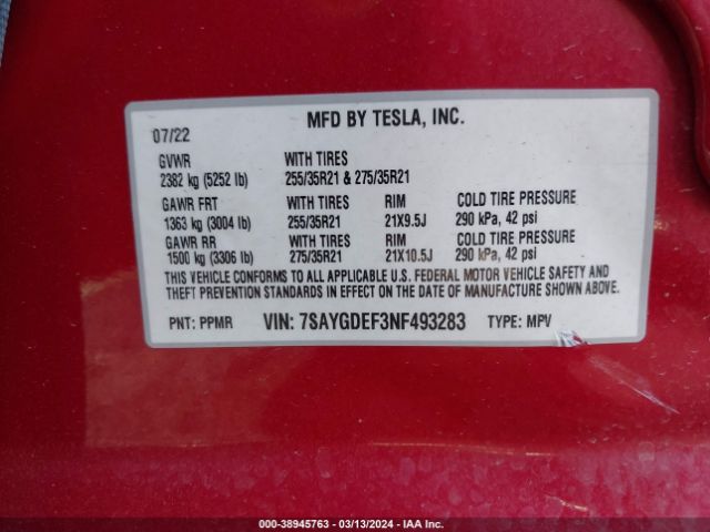 Photo 8 VIN: 7SAYGDEF3NF493283 - TESLA MODEL Y 