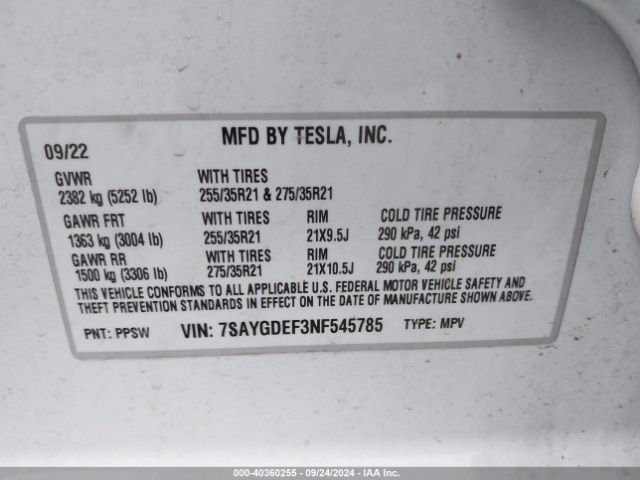 Photo 8 VIN: 7SAYGDEF3NF545785 - TESLA MODEL Y 