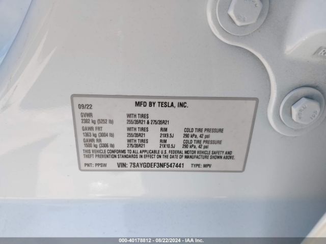 Photo 8 VIN: 7SAYGDEF3NF547441 - TESLA MODEL Y 