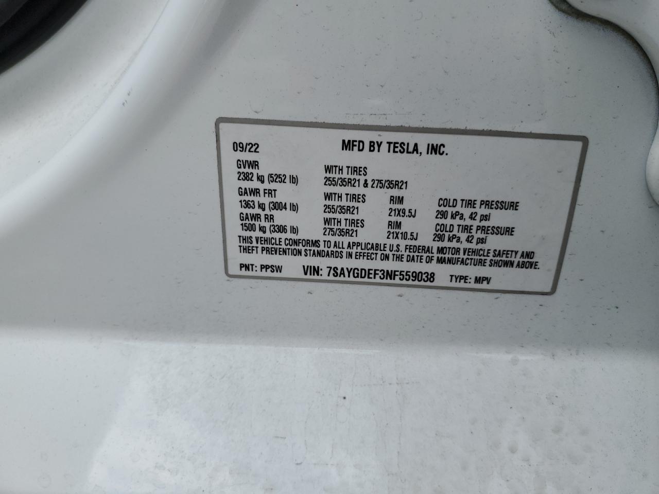 Photo 11 VIN: 7SAYGDEF3NF559038 - TESLA MODEL Y 