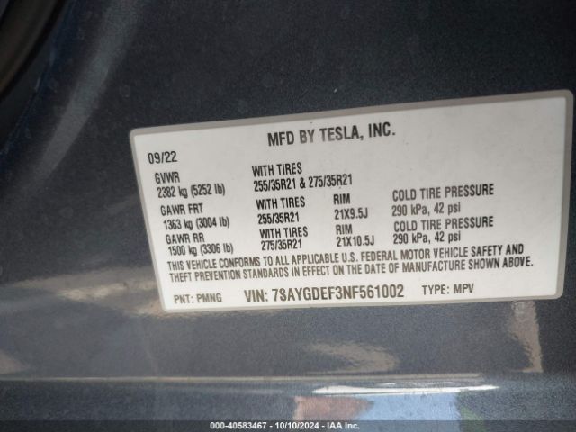 Photo 8 VIN: 7SAYGDEF3NF561002 - TESLA MODEL Y 