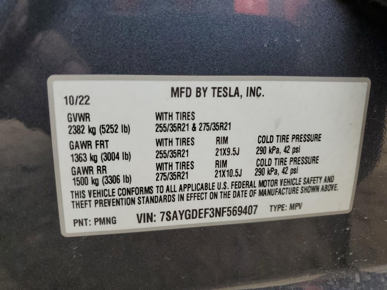 Photo 11 VIN: 7SAYGDEF3NF569407 - TESLA MODEL Y 