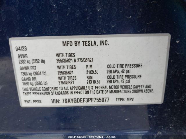 Photo 8 VIN: 7SAYGDEF3PF755077 - TESLA MODEL Y 