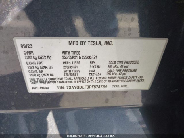 Photo 8 VIN: 7SAYGDEF3PF878734 - TESLA MODEL Y 