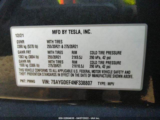 Photo 8 VIN: 7SAYGDEF4NF338807 - TESLA MODEL Y 