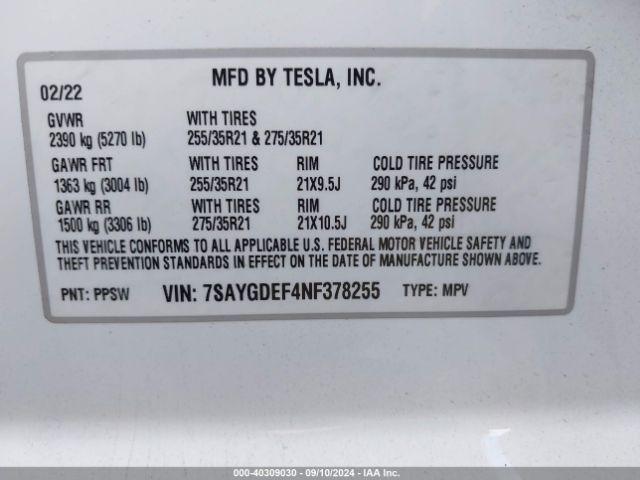 Photo 8 VIN: 7SAYGDEF4NF378255 - TESLA MODEL Y 