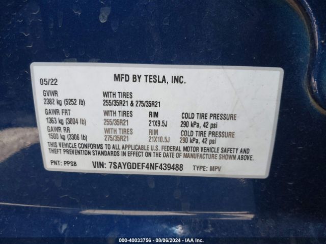 Photo 8 VIN: 7SAYGDEF4NF439488 - TESLA MODEL Y 