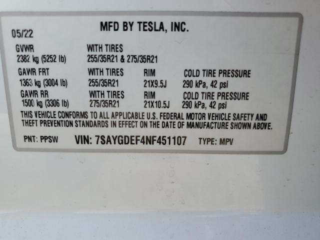 Photo 12 VIN: 7SAYGDEF4NF451107 - TESLA MODEL Y 