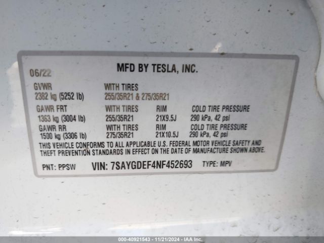 Photo 8 VIN: 7SAYGDEF4NF452693 - TESLA MODEL Y 