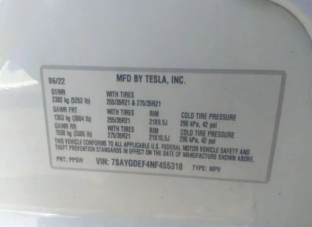 Photo 8 VIN: 7SAYGDEF4NF455318 - TESLA MODEL Y 