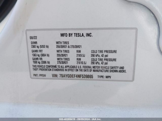 Photo 8 VIN: 7SAYGDEF4NF539865 - TESLA MODEL Y 