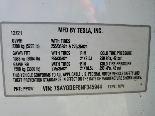 Photo 12 VIN: 7SAYGDEF5NF345944 - TESLA MODEL Y 