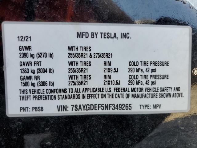 Photo 12 VIN: 7SAYGDEF5NF349265 - TESLA MODEL Y 