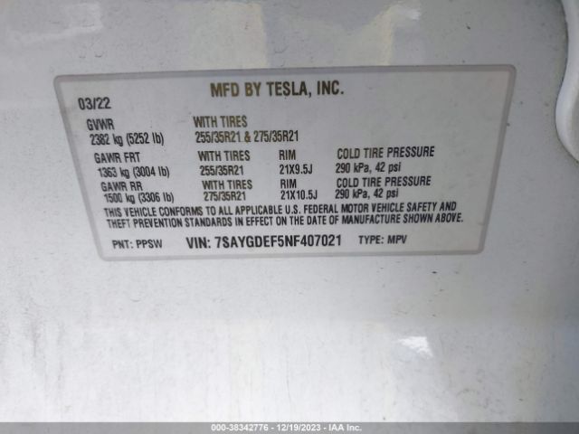 Photo 8 VIN: 7SAYGDEF5NF407021 - TESLA MODEL Y 