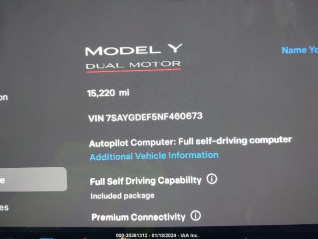 Photo 6 VIN: 7SAYGDEF5NF460673 - TESLA MODEL Y 