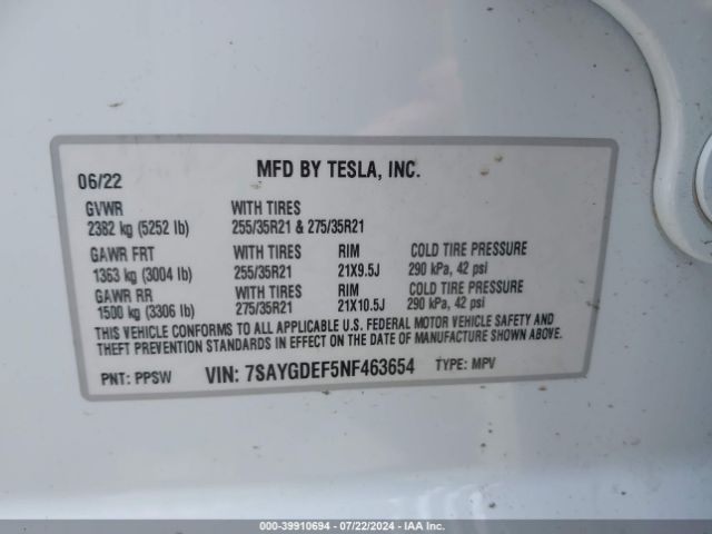 Photo 8 VIN: 7SAYGDEF5NF463654 - TESLA MODEL Y 