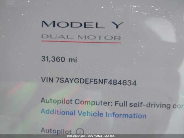 Photo 6 VIN: 7SAYGDEF5NF484634 - TESLA MODEL Y 