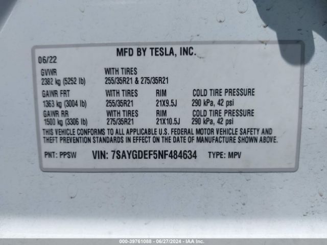 Photo 8 VIN: 7SAYGDEF5NF484634 - TESLA MODEL Y 