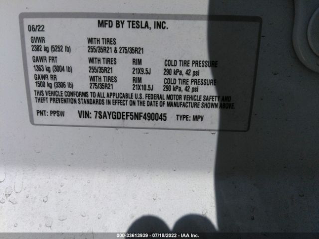 Photo 8 VIN: 7SAYGDEF5NF490045 - TESLA MODEL Y 