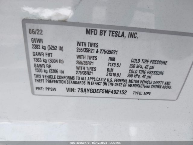 Photo 8 VIN: 7SAYGDEF5NF492152 - TESLA MODEL Y 