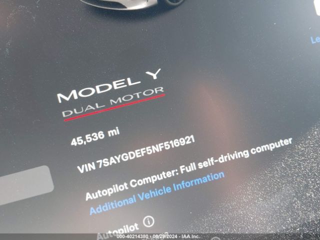 Photo 6 VIN: 7SAYGDEF5NF516921 - TESLA MODEL Y 