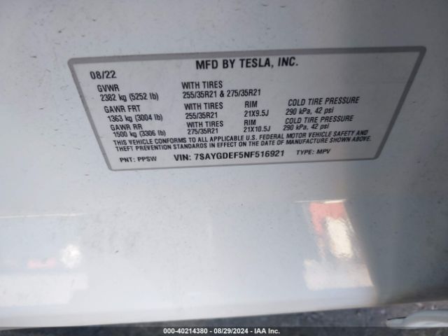 Photo 8 VIN: 7SAYGDEF5NF516921 - TESLA MODEL Y 