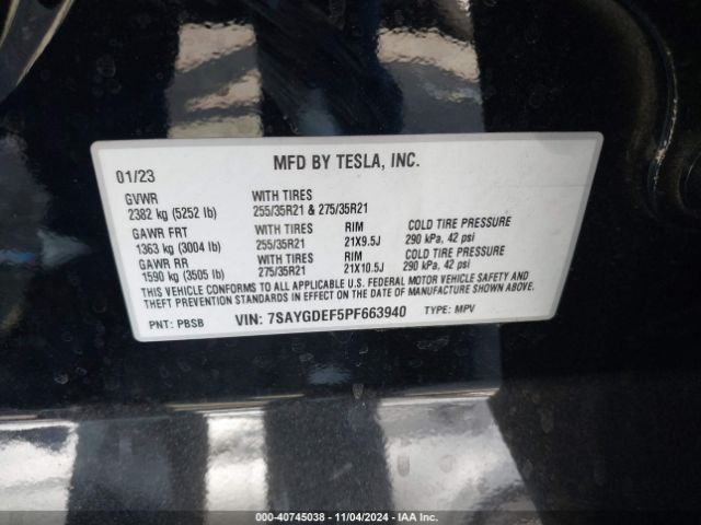 Photo 8 VIN: 7SAYGDEF5PF663940 - TESLA MODEL Y 