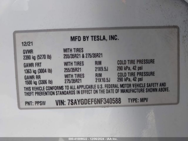 Photo 8 VIN: 7SAYGDEF6NF340588 - TESLA MODEL Y 