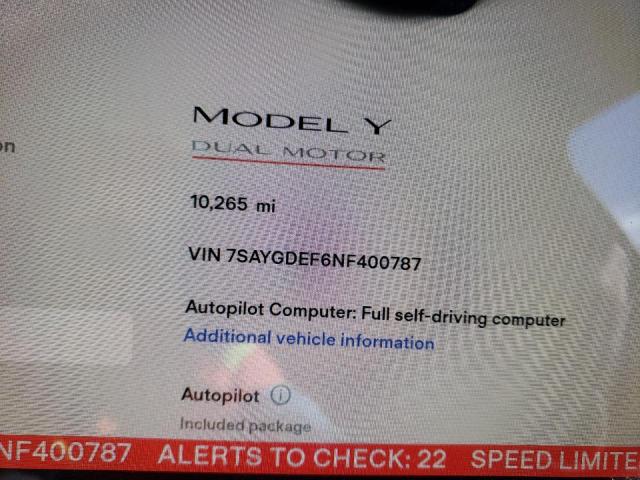 Photo 8 VIN: 7SAYGDEF6NF400787 - TESLA MODEL Y 