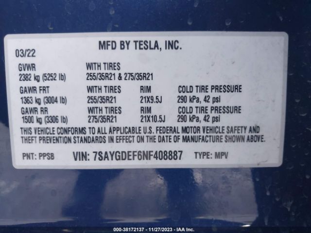 Photo 8 VIN: 7SAYGDEF6NF408887 - TESLA MODEL Y 