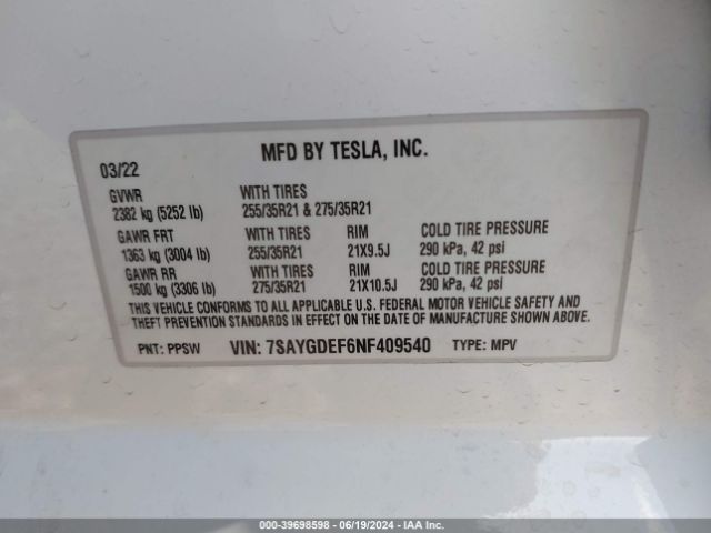 Photo 8 VIN: 7SAYGDEF6NF409540 - TESLA MODEL Y 