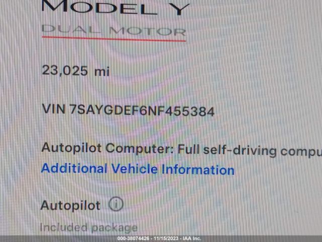 Photo 8 VIN: 7SAYGDEF6NF455384 - TESLA MODEL Y 