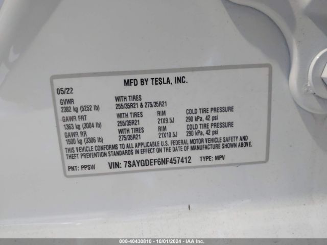 Photo 8 VIN: 7SAYGDEF6NF457412 - TESLA MODEL Y 