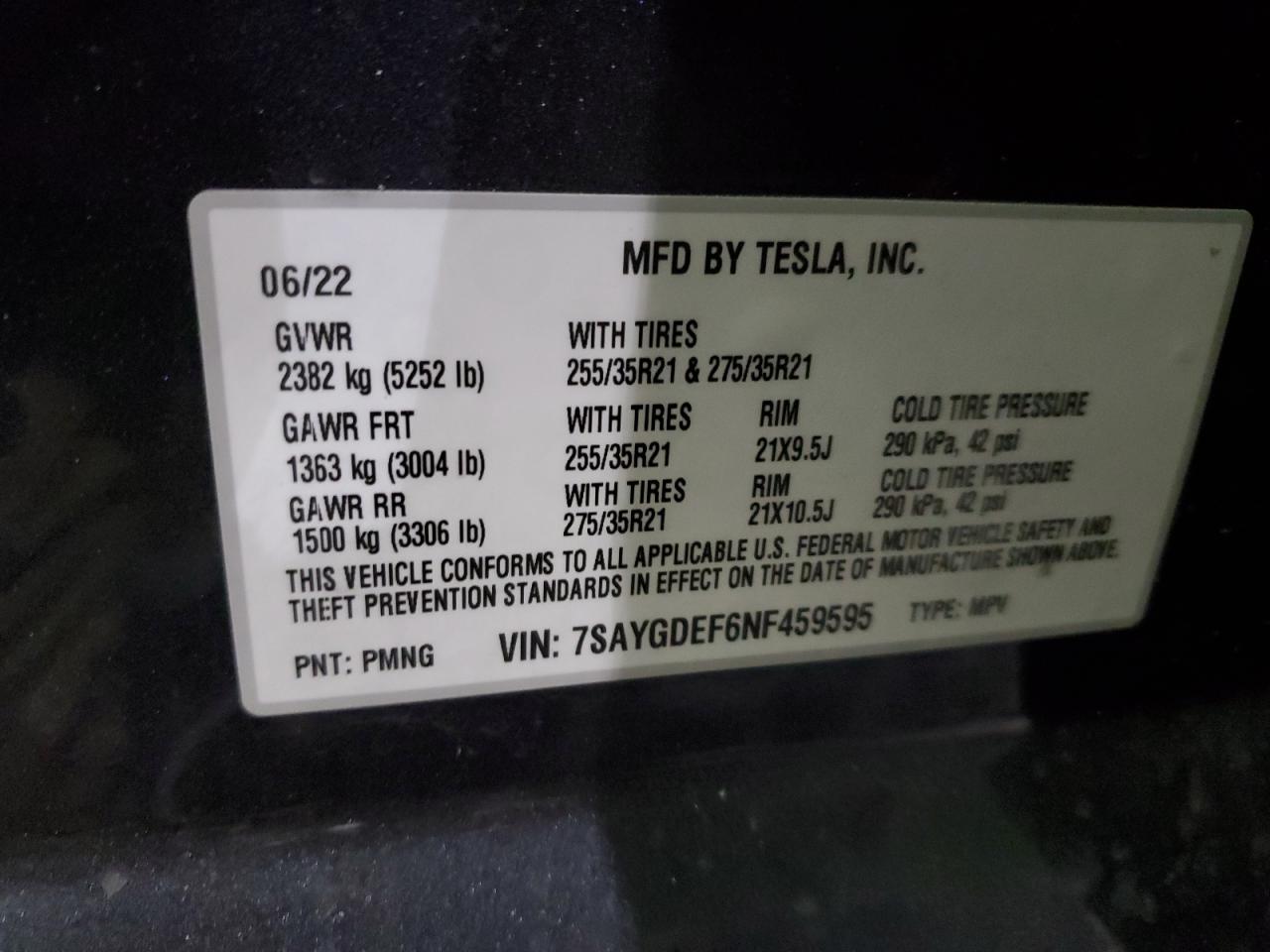 Photo 11 VIN: 7SAYGDEF6NF459595 - TESLA MODEL Y 