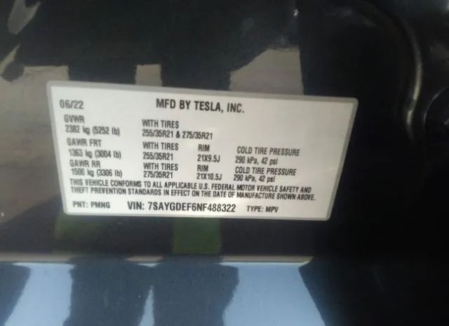 Photo 8 VIN: 7SAYGDEF6NF488322 - TESLA MODEL Y 