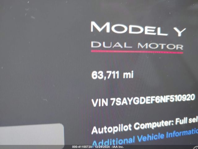 Photo 6 VIN: 7SAYGDEF6NF510920 - TESLA MODEL Y 