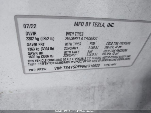 Photo 8 VIN: 7SAYGDEF6NF510920 - TESLA MODEL Y 